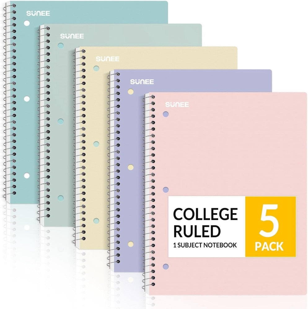 SUNEE Spiral Notebooks 70 Sheets College Ruled Paper 8" x 10-1/2" Notebook, 5 Pk