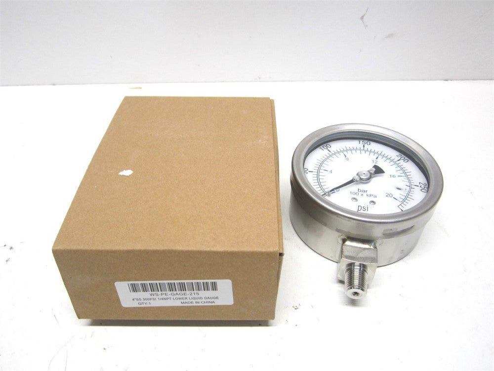 (116AL35300) 4" Dial, 300 psi, 1/4" Thread, NPT Stainless Steel Pressure Gauge 