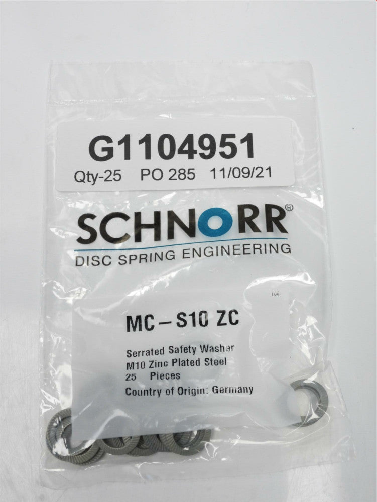 Qty=100 M10 Schnorr MC-S10 ZC Serrated Safety Washer Zinc Plated Steel