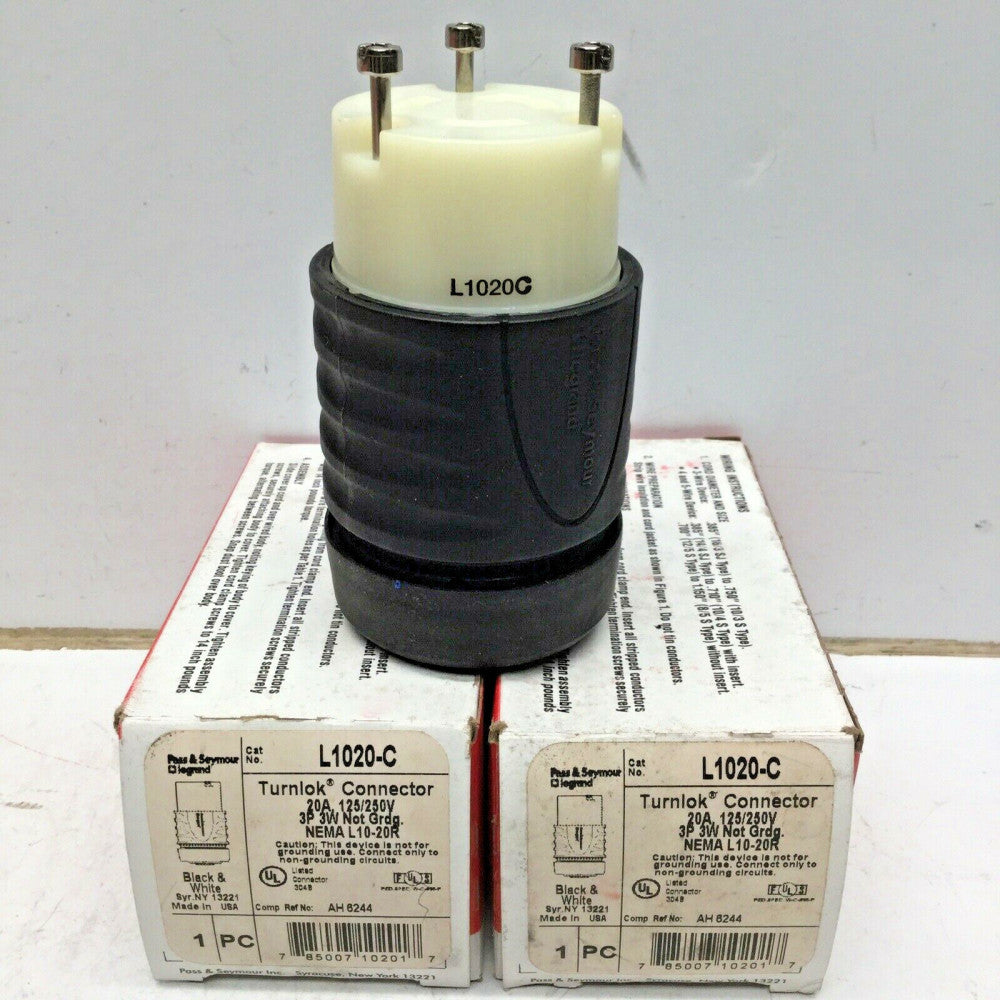 PASS & SEYMOUR L1020-C Turnlok Connector 20A 125/250V 3 Pole 3 Wire L10-20R (2PK