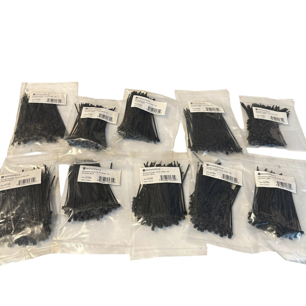 Lot of 1000 Monoprice Cable Tie 4in 18 lbs, 100 pcs/pack Black New