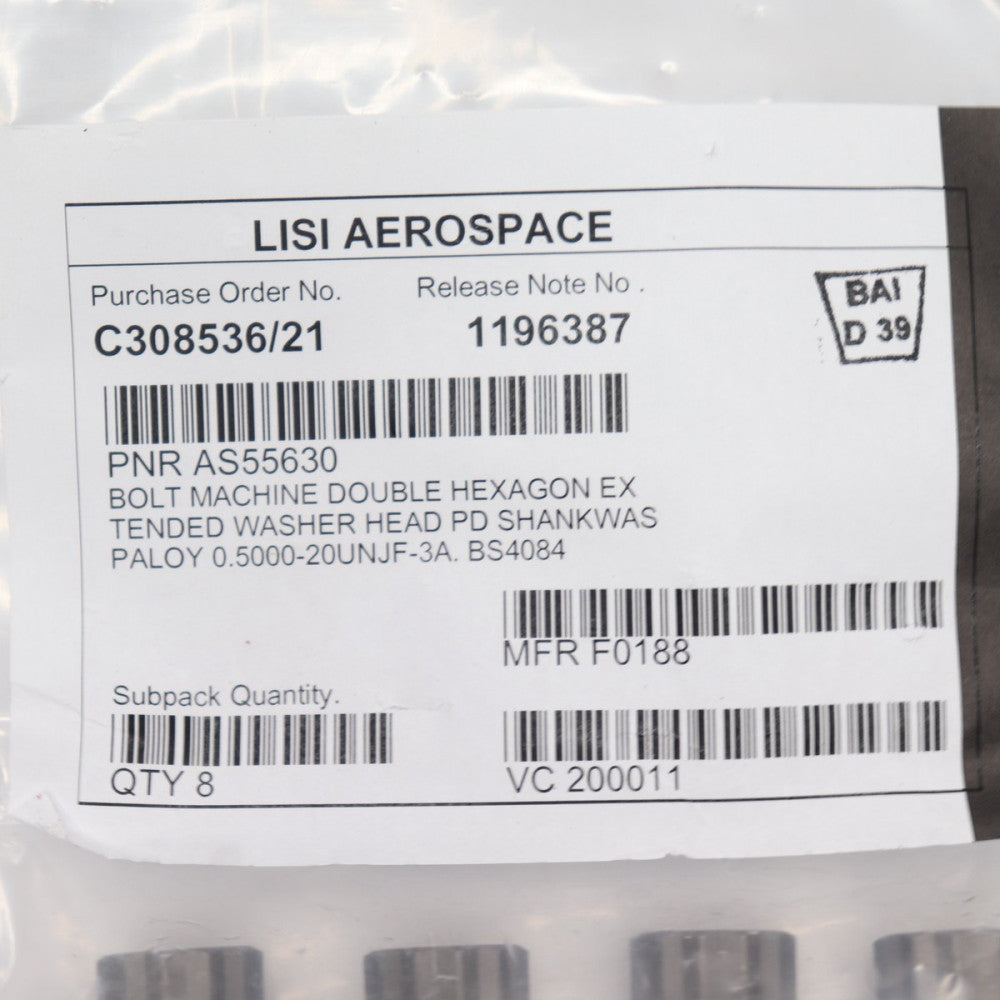 (8-Pk) Lisi Aerospace Double Hex Extended Washer Head Machine Bolt AS55630