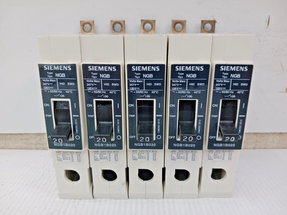 Lot Of 5) Siemens 20 Amp Circuit Breaker 1 Pole 347 VAC / 125 VDC 25kA NGB1B020