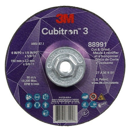 3M Cubitron 88991 Cut-Off And Grinding Wheel, Type 27, 6 In Dia, 0.125 In
