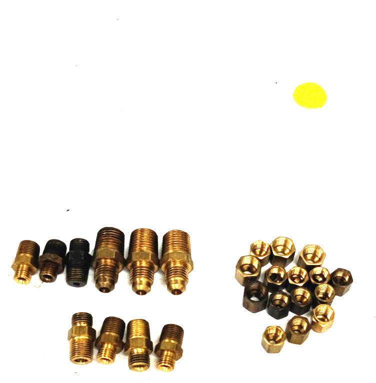 ASSORTED LOT OF 12 HEX NIPPLES AND 15 BRASS NUTS