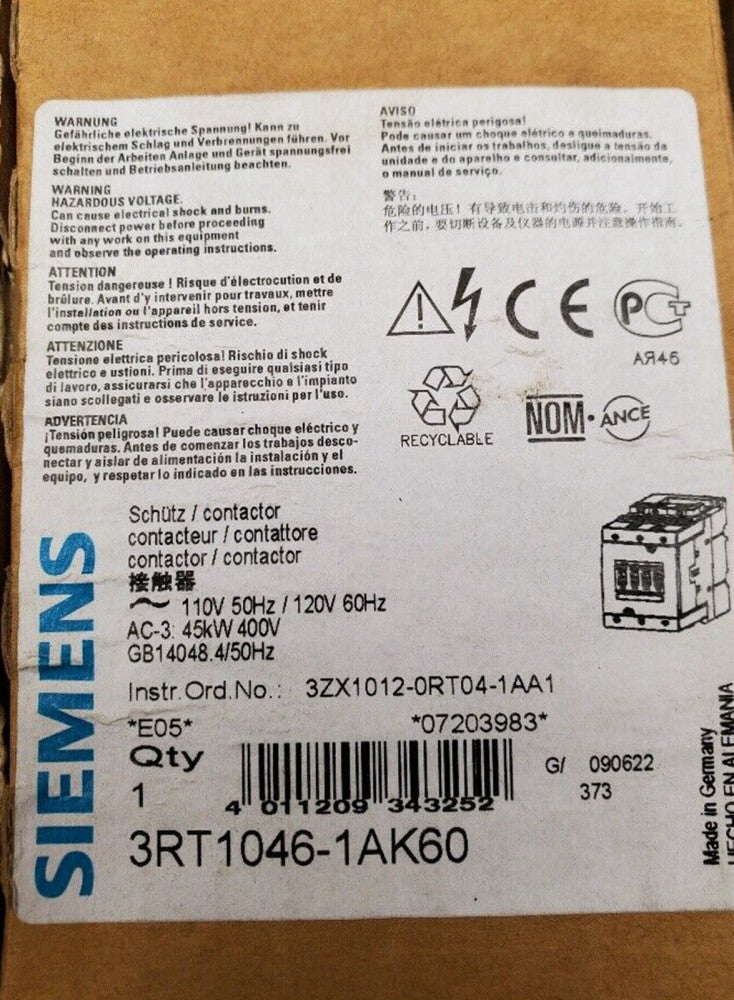 One Brand New Siemens 3RT1046-1AK60 Contactor