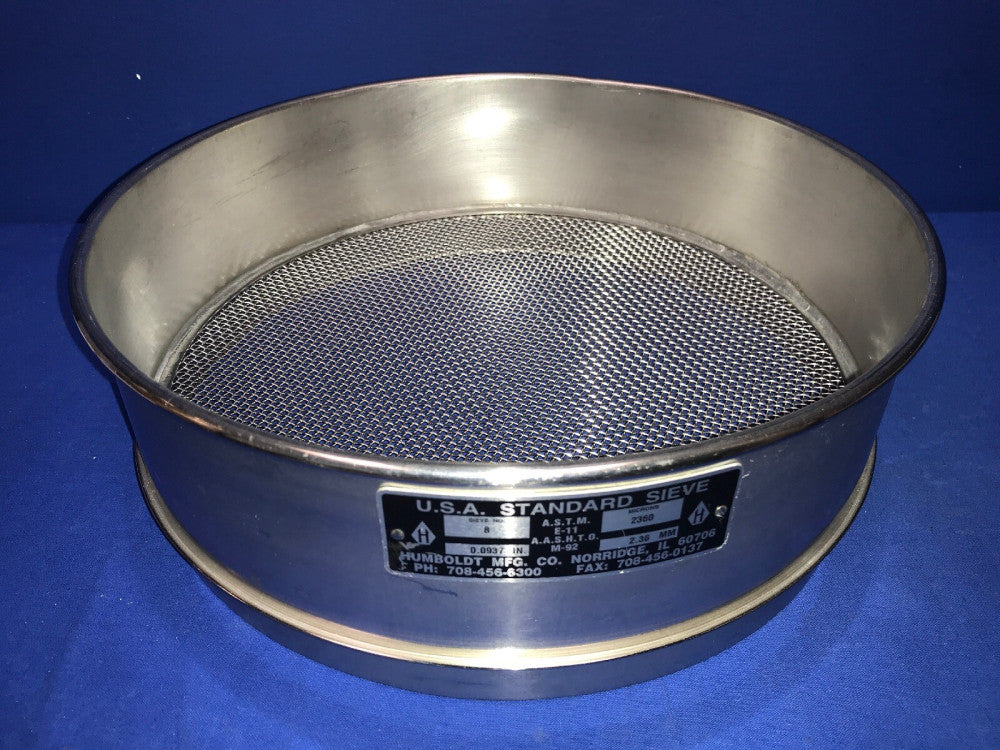 HUMBOLDT No. 8 USA Standard Testing Sieve, STAINLESS STEEL 12"Dia x 3-1/4"Deep