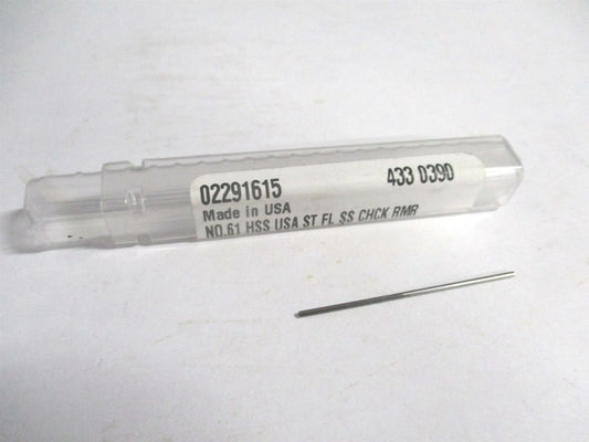 (433-0.0390) #61 1/2" x 1-1/2" OAL HSS 3-Flute Straight Chucking Reamer