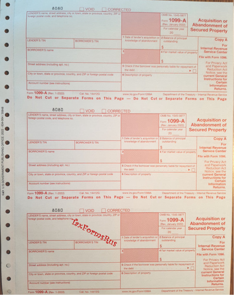 2024 IRS Tax Form 1099-A single sheet set for 3 borrowers carbonless 3pt 3UP