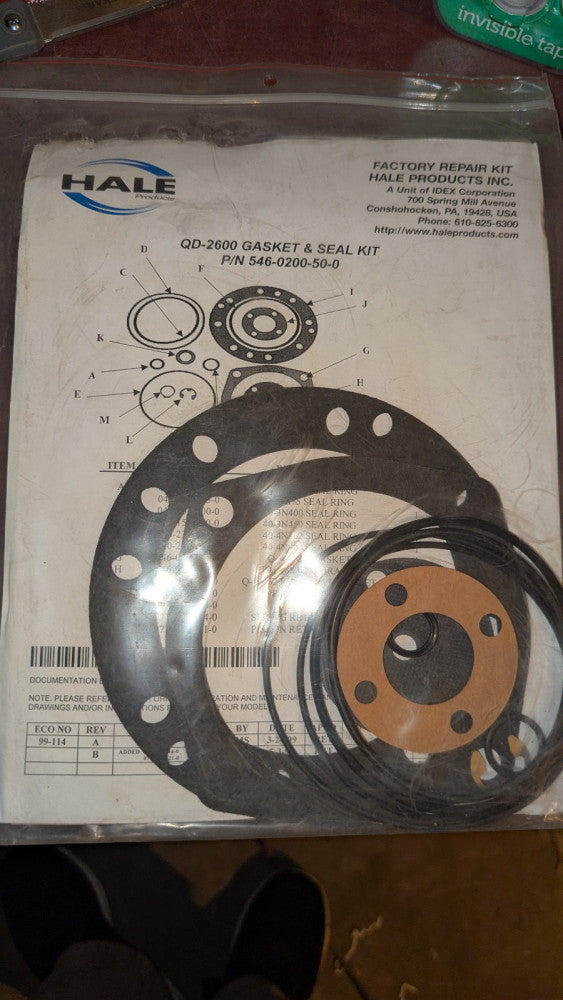 (1) Hale QD-2600 Relief Valve Rebuild Kit 546-0200-50-0 NIB