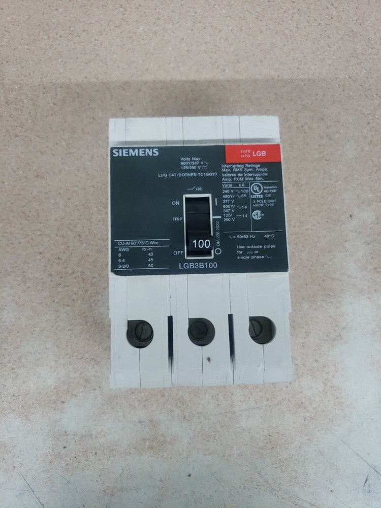 1) New Take Out! Siemens LGB3B100 100 Amp  3 Pole 480V Circuit Breaker