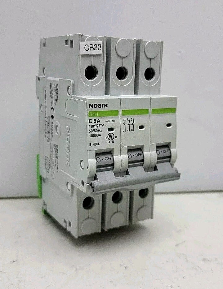 Noark B1H3C5 Miniature Circuit Breaker 5A 3 Pole 10kA 480Y/277Vac Used