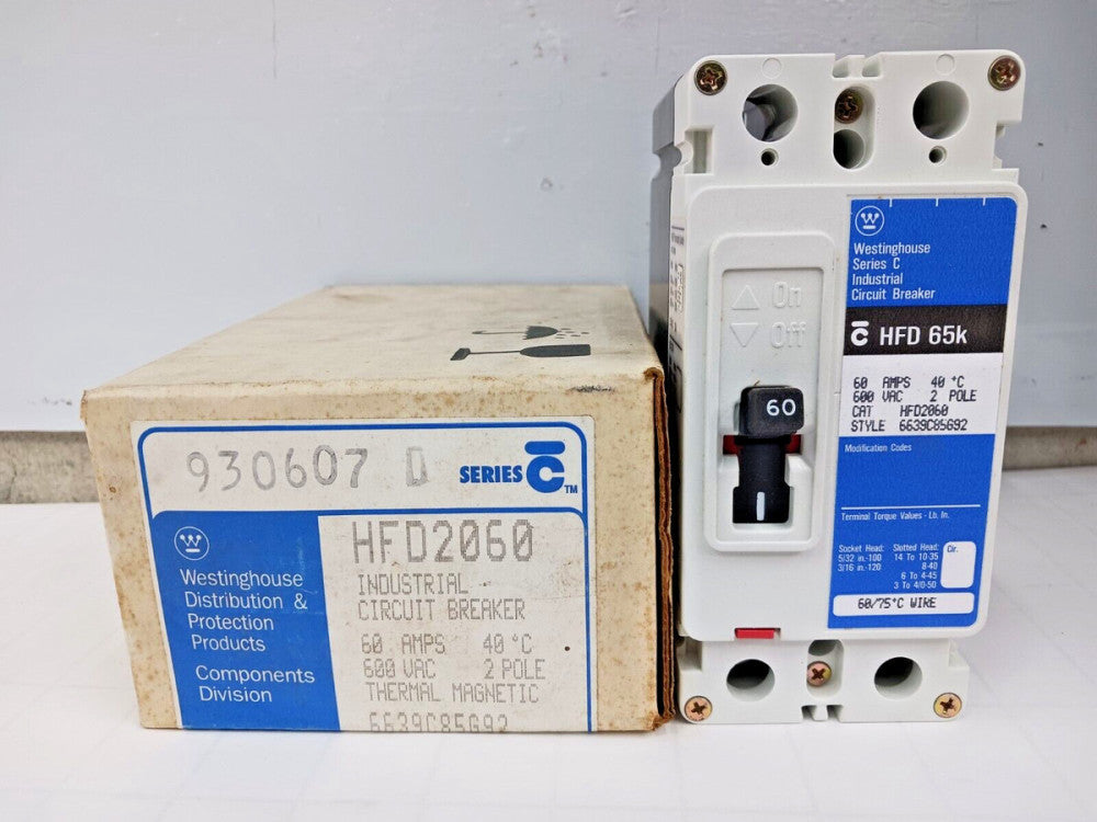 NEW WESTINGHOUSE 60 AMP CIRCUIT BREAKER 2 POLE 600 VAC HFD2060