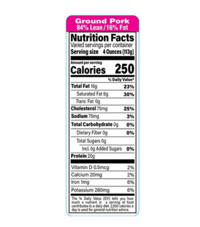 Ground Pork 84% Lean 16% Fat Meat Nutritional Grinds Label 1.5” x 4.125” 1000