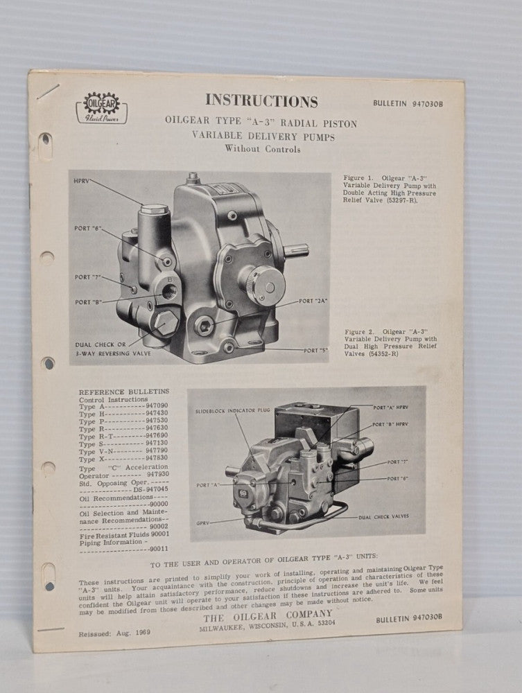 Oilgear Type A-3 Radial Piston Variable Delivery Pump Manual | Bulletin 94703B