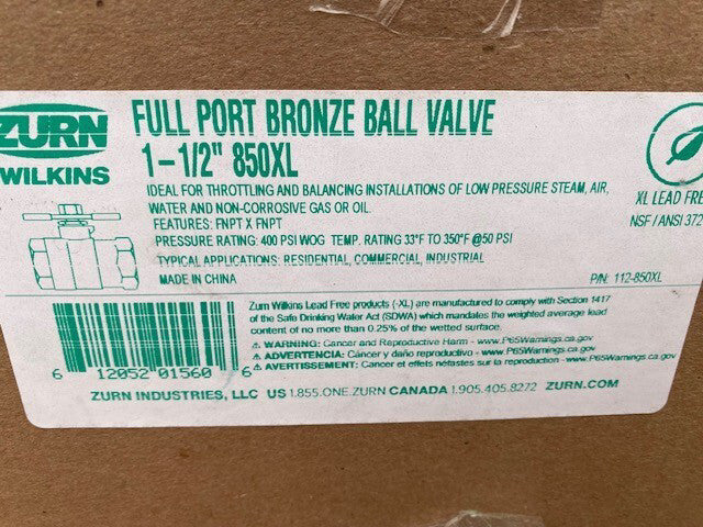 ZURN WILKINS 112-850XL FULL PORT BRONZE BALL VALVE (NEW)