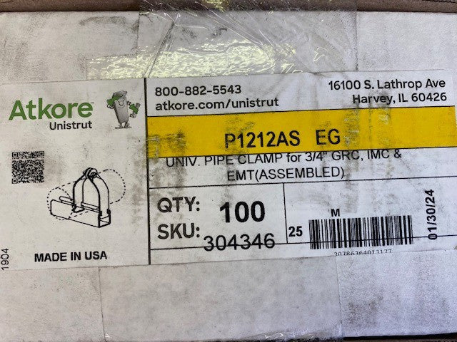 (Box of 100) Atkore Unistrut P1212AS-EG 3/4" Pipe Clamp for GRC, IMC & EMT