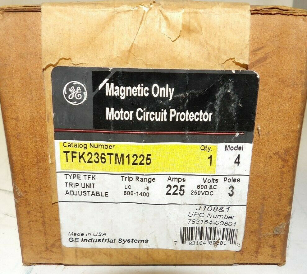 NEW GE MAGNETIC MOTOR CIRCUIT PROTECTOR 225AMP 3POLE TFK TRIP UNIT TFK236TM1225