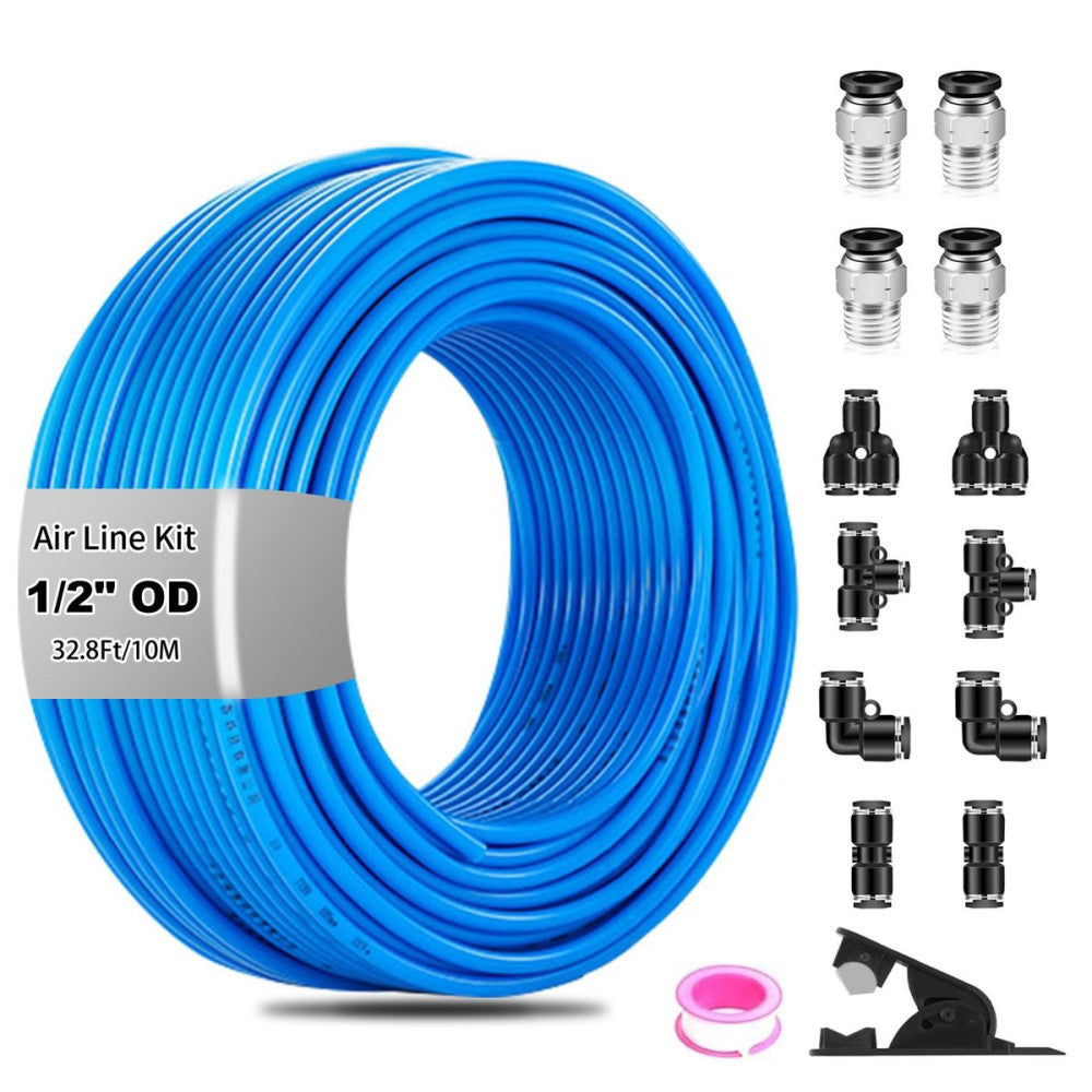 1/2" OD Air Line Kit 32.8ft Blue Hose Tubing with 13 Push to Connect Fittings