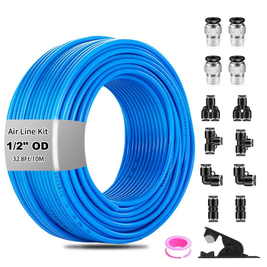 1/2" OD Air Line Kit 32.8ft Blue Hose Tubing with 13 Push to Connect Fittings