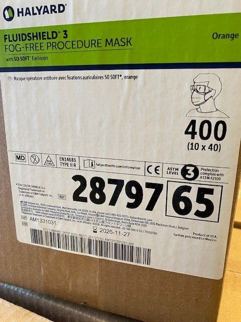 (Case of 400) Halyard 28797 ASTM level 3 Fluid resistant Mask, Antifog EXP 11/26