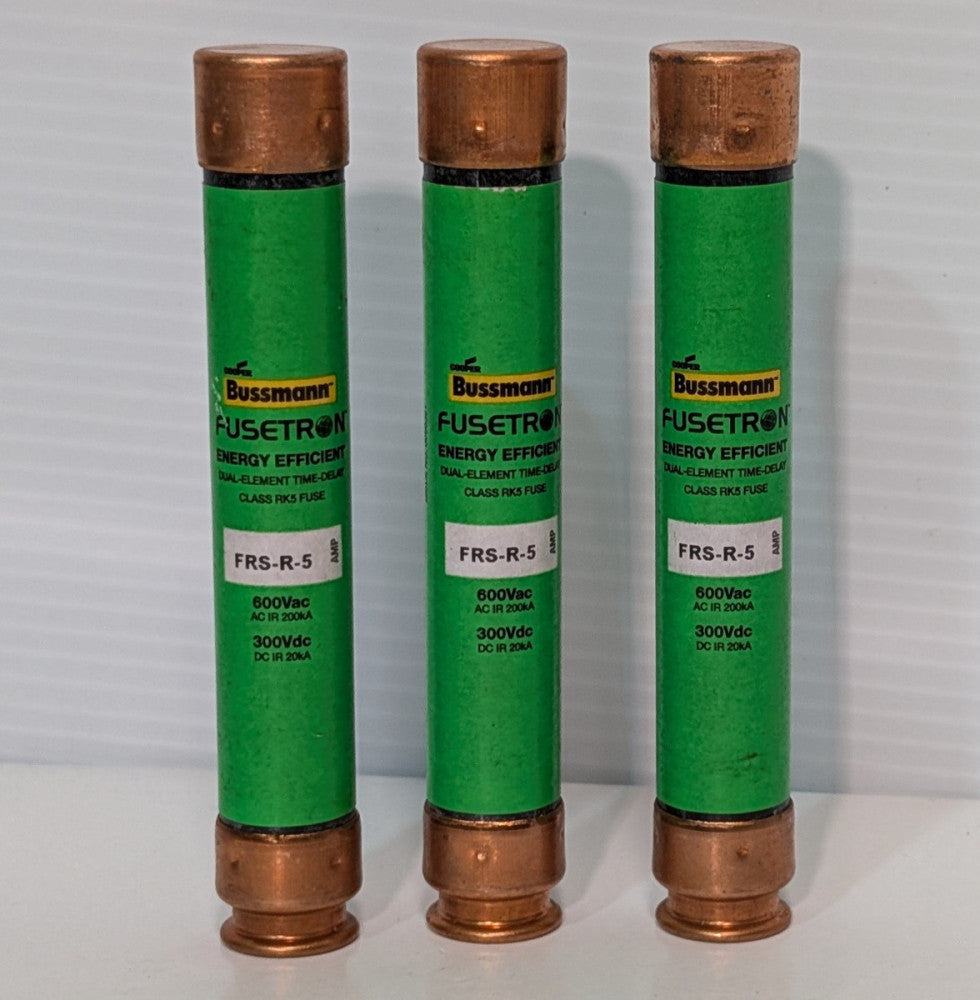 Lot of 3: Bussmann Fusetron FRS-R-5 Energy Efficient Fuses, Time-Delay, 600V, 5A