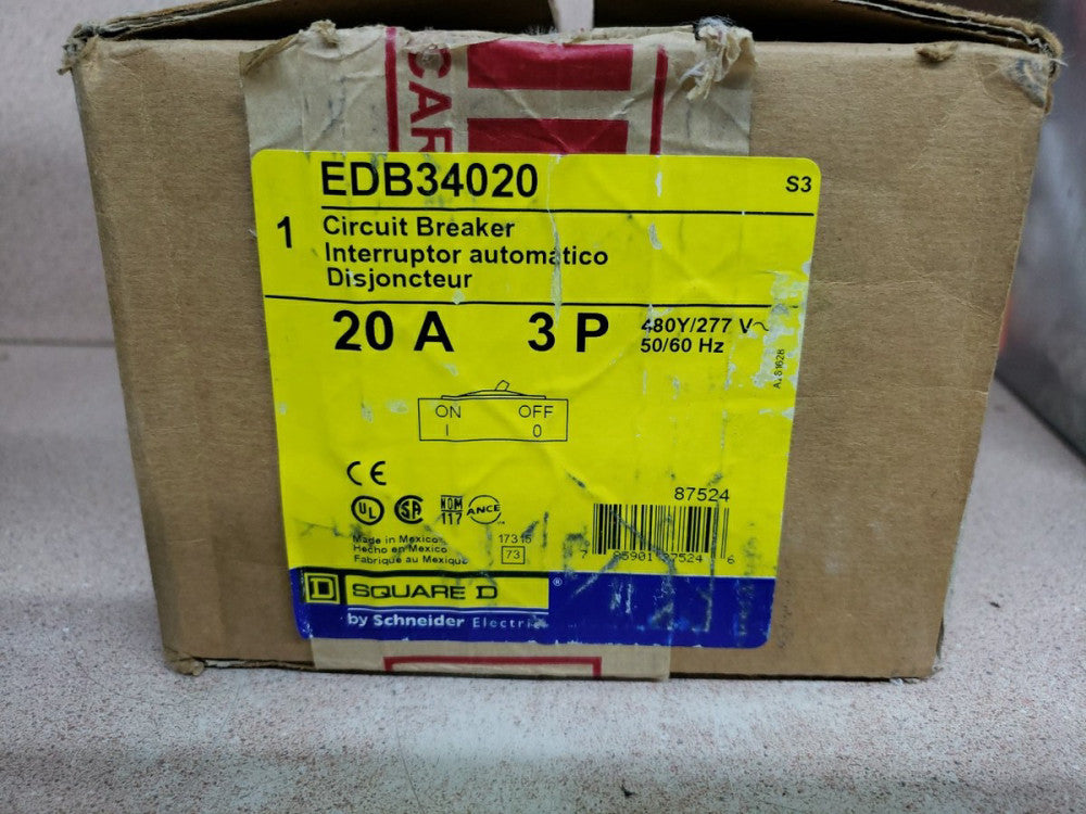New Old Stock Square D EDB34020 20A 3 Poles Bolt On Circuit Breaker