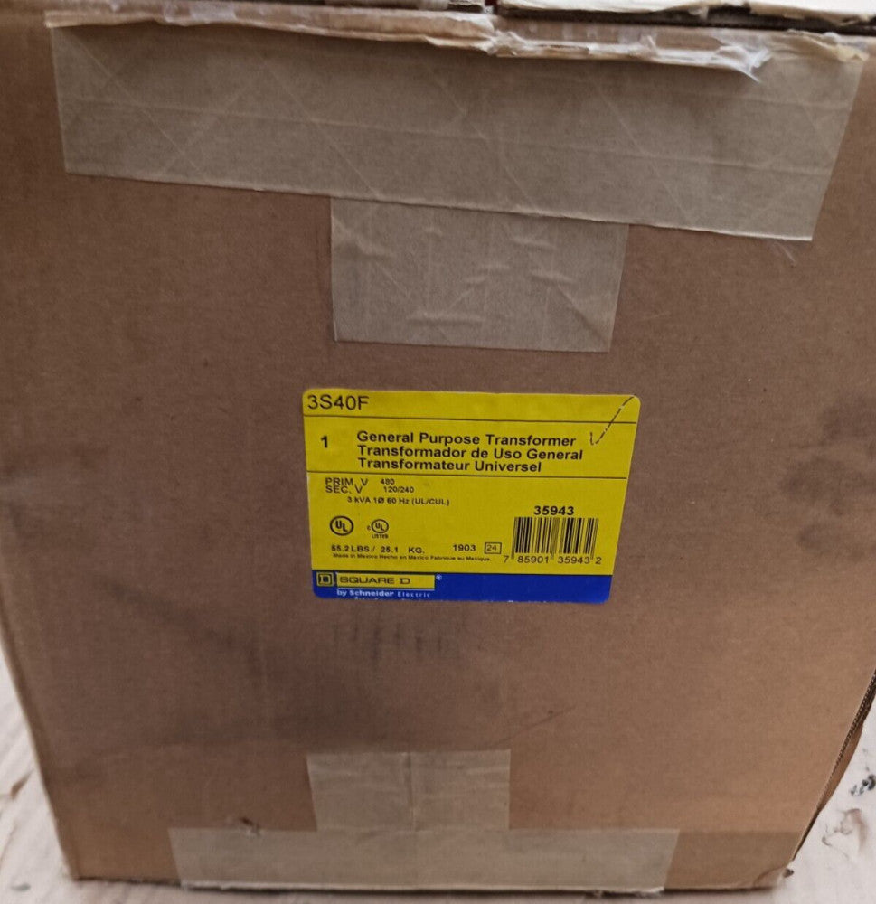 NEW SQUARE D 3S40F 3 KVA 1 PHASE GP TRANFORMER 480V PRI 240/120V SEC