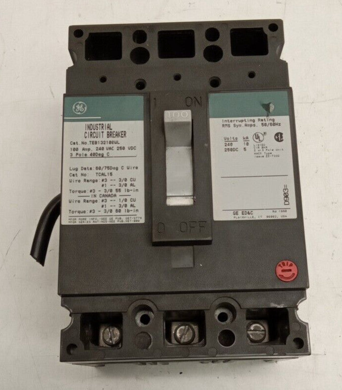 GE TEB132100WL Circuit Breaker 100 Amp 240VAC 250VDC 3 Pole