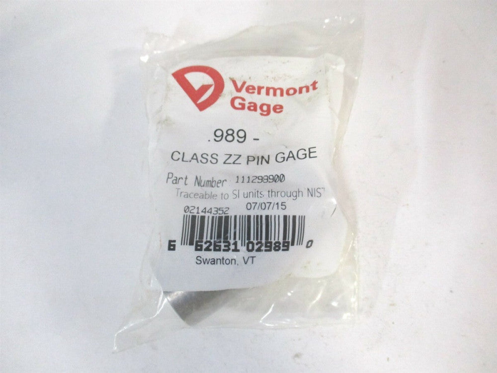 Vermont Gage (111298900) 0.989" Diam Class ZZ Minus Plug & Pin Gage
