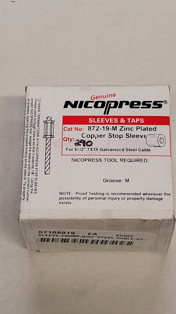 Box Of 290 Nicopress 872-19-M Zinc Plated Copper Stop Sleeves For 5/32" Steel...