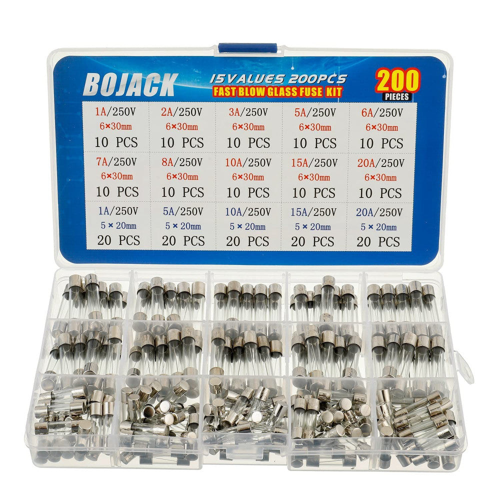 BOJACK 15 Values 200 pcs Fast-Blow Glass Fuses Assortment Kit 5x20mm 250V 1... 