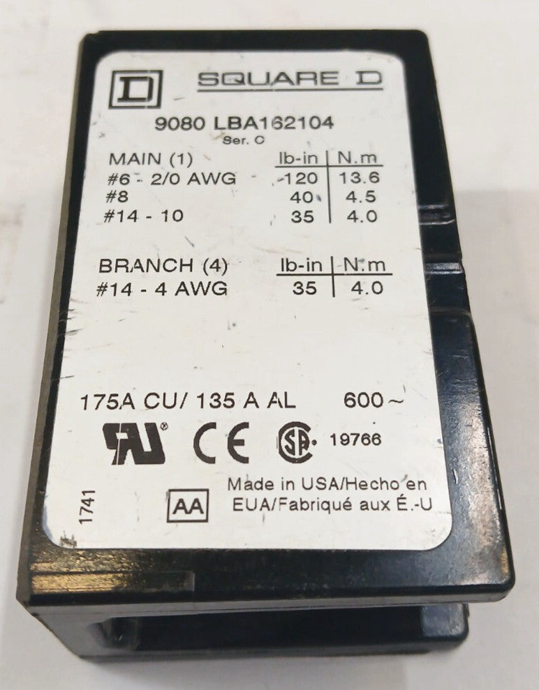 SQUARE D POWER DISTRIBUTION BLOCK 9080 LBA162104 SER. C POLES 1 VOLTS 600V AC