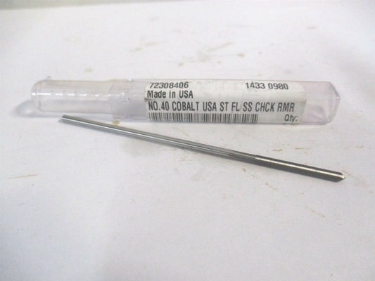 (1433-0.0980) #40 x 7/8" x 3-1/2" Straight Shank 4-Flute Cobalt Chucking Reamer 