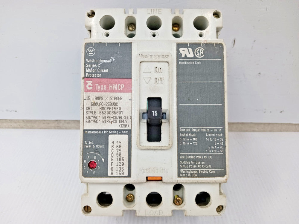 Westinghouse 15 Amp Motor Circuit Protector 3 Pole 600 VAC / 250 VDC HMCP015E0