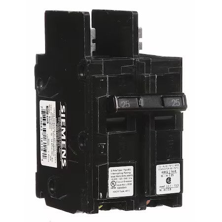 Siemens Bq2b025 Miniature Circuit Breaker, Bq Series, 25A, 2 Pole, 120/240V Ac,