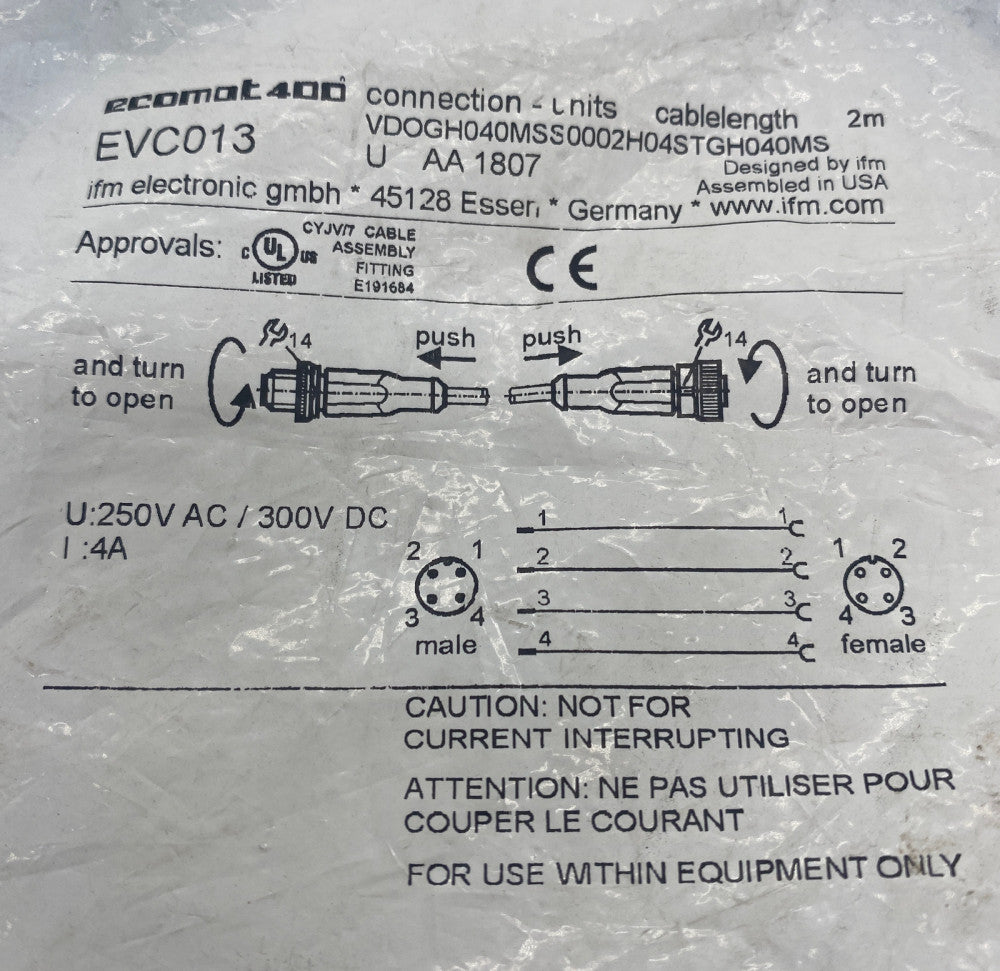 IFM EVC013 Sensor Connecting Cable M12 Connector, 2M 