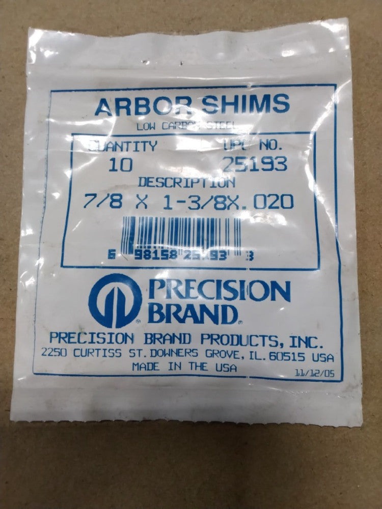Precision Brand Arbor Shims 25193 7/8x1-3/8x.020 Quantity Of 10 Low Carbon Steel