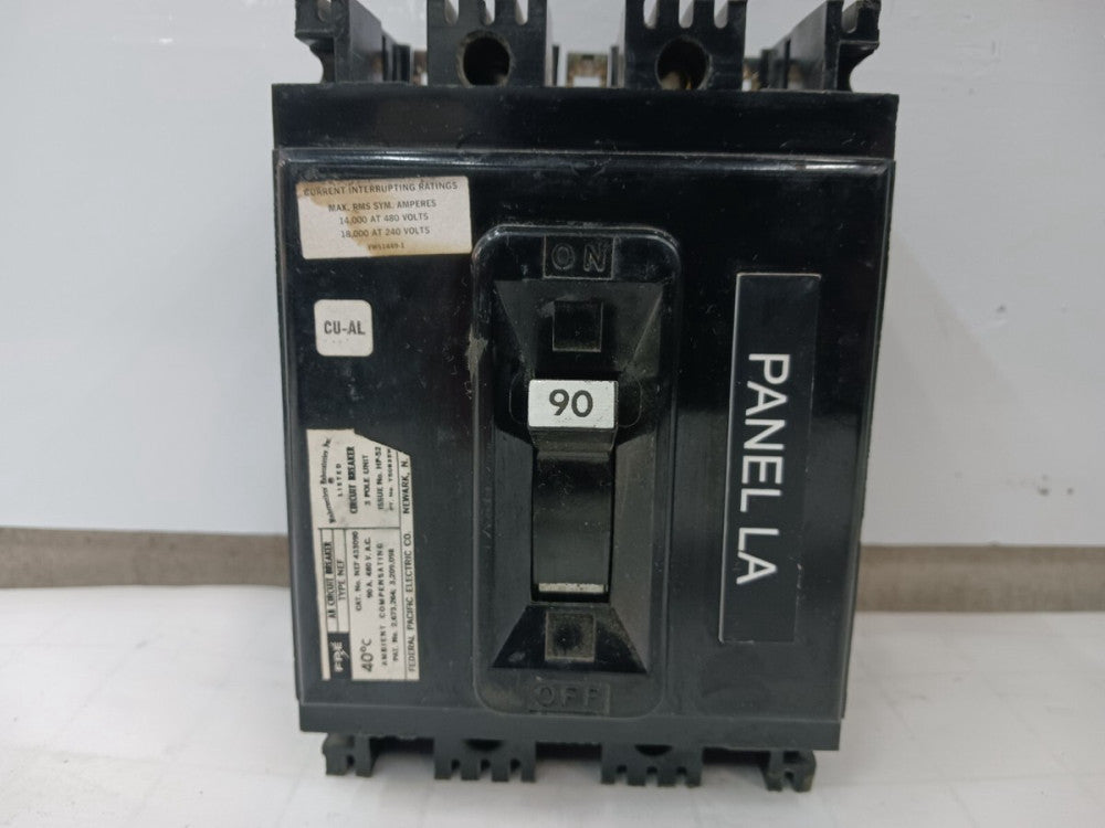 FEDERAL PACIFIC 90 AMP CIRCUIT BREAKER 3 POLE 480 VAC NEF433090