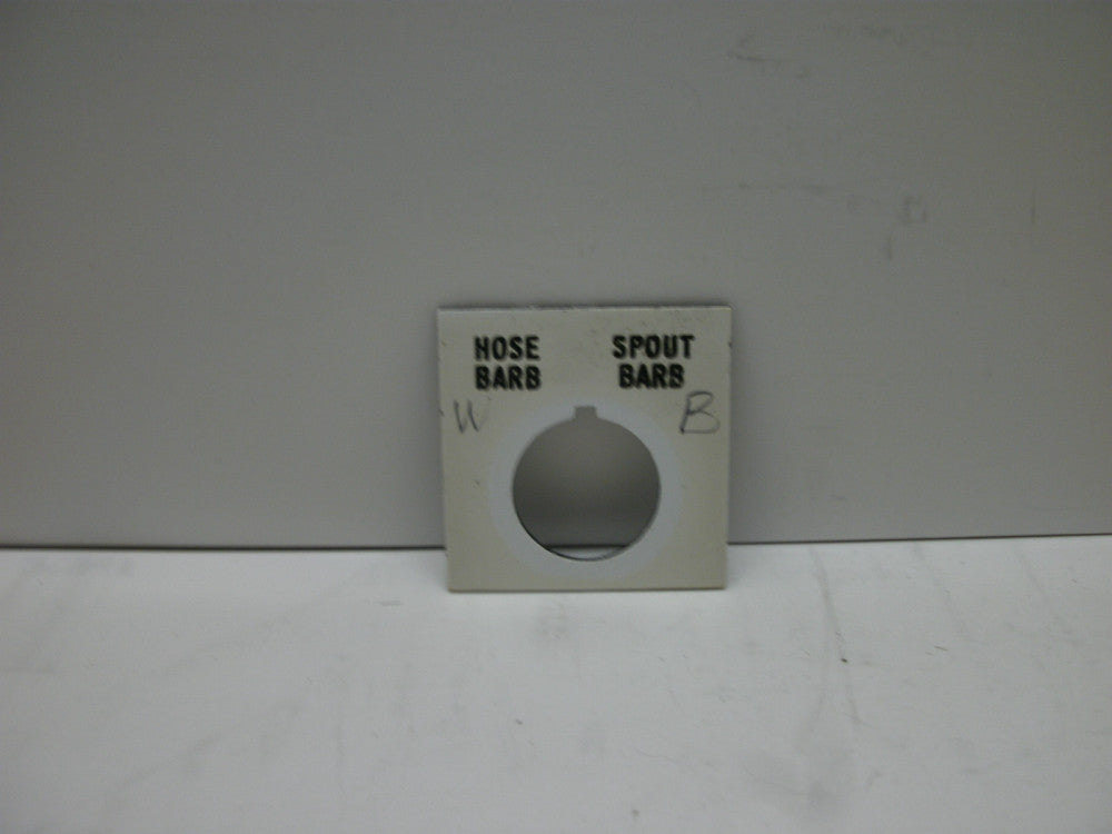 LEGEND PLATE (HOSE BARB SPOUT BARB) 22mm HOLE 1-11/16" X 1-11/16" SQUARE PLASTIC