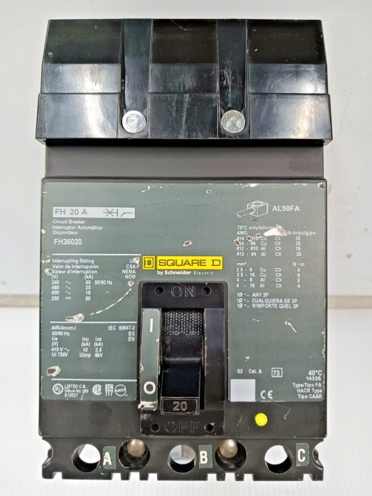 Square D 20 Amp I-Line Circuit Breaker 3 Pole 600 VAC / 250 VDC 25kA FH36020