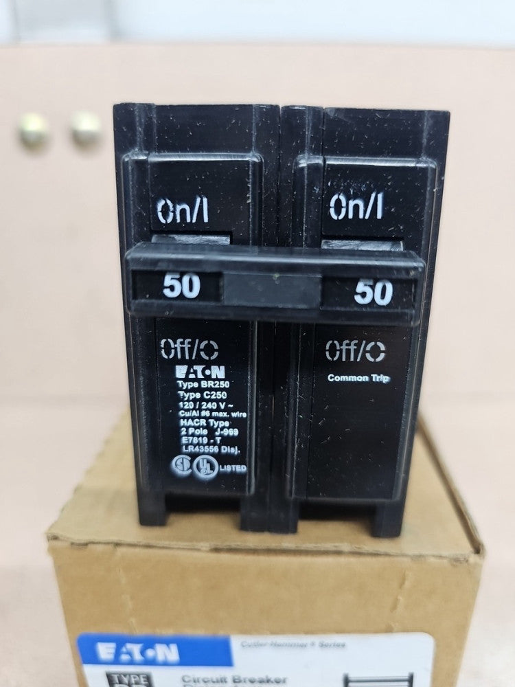 1- New Eaton BR250 50 Amp 2 Pole 120/240V Plug in Circuit Breaker
