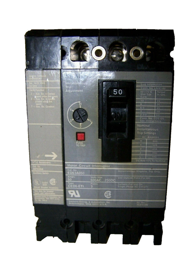 SIEMENS 50 AMP CIRCUIT BREAKER 600 VAC 3 POLE ED63A050 WITH AUX SWITCH A01ED64