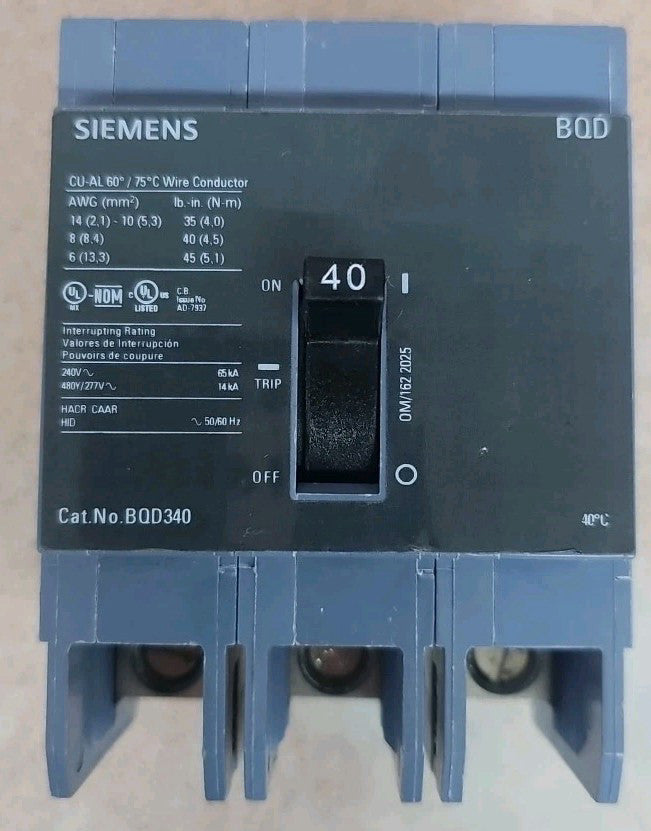 Siemens BQD340 3 Pole 40Amp, 480V Circuit Breaker New No Box