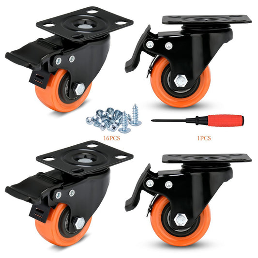 2" Caster Wheels Load 600 Lbs, Orange Polyurethane Castors, Top Plate Swivel ...