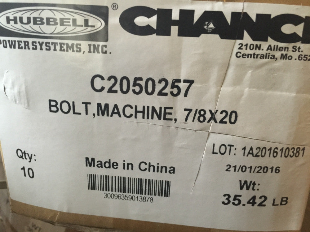 Hubbell Chance C2050257 20" X 7/8" Thread Diameter Galvanized Machine Bolt (7/8-