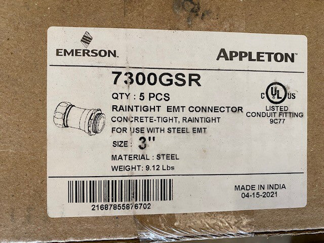 (5 Pack) Appleton 7300GSR, EMT Compression Connectors, Concrete-Tight, Raintight