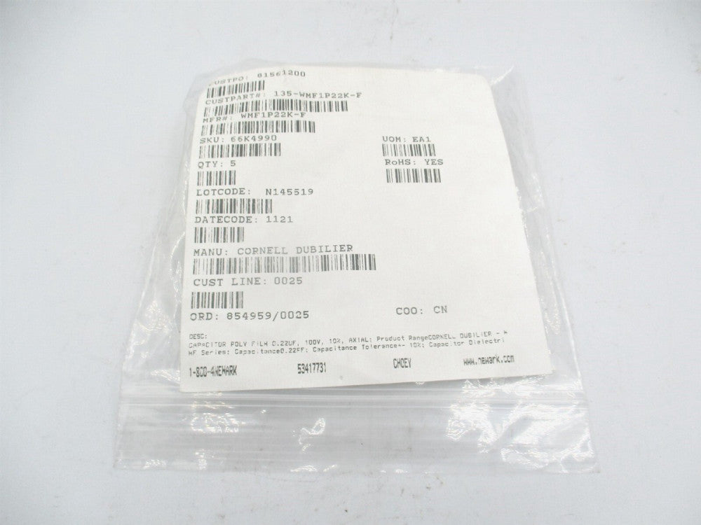 Cornell Dubilier (WMF1P22K-F) 0.220uF 100V 10% Straight Film Capacitors - Qty 10