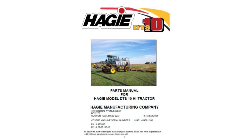 Hagie DTS 10 Sprayer S/N U14011414001-200 Spare Parts Manual PDF USB 2