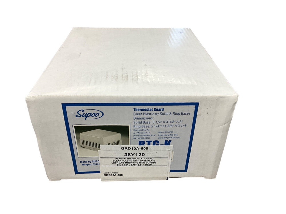 GRD10A- 608￼ Thermostat Guard￼ Clear plastic width base plate lock and mounting.